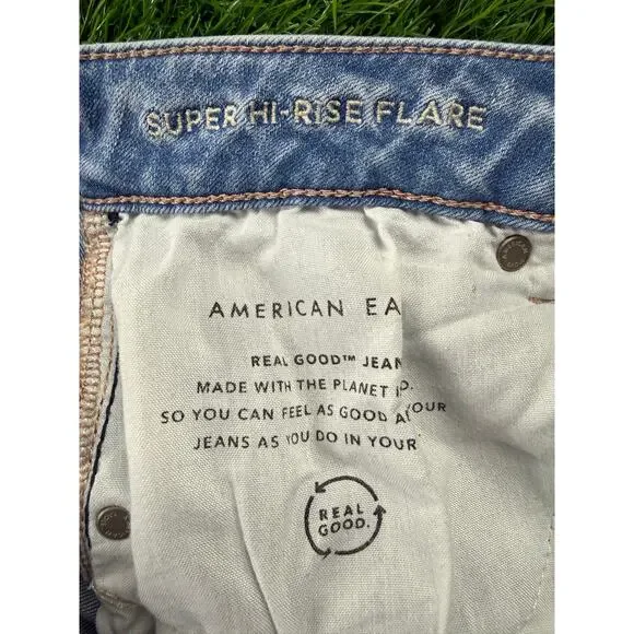 AE Next Level Ripped Super High-Waist Flare Jeans Women's 12 Blue Denim Stretch - Picture 4 of 16